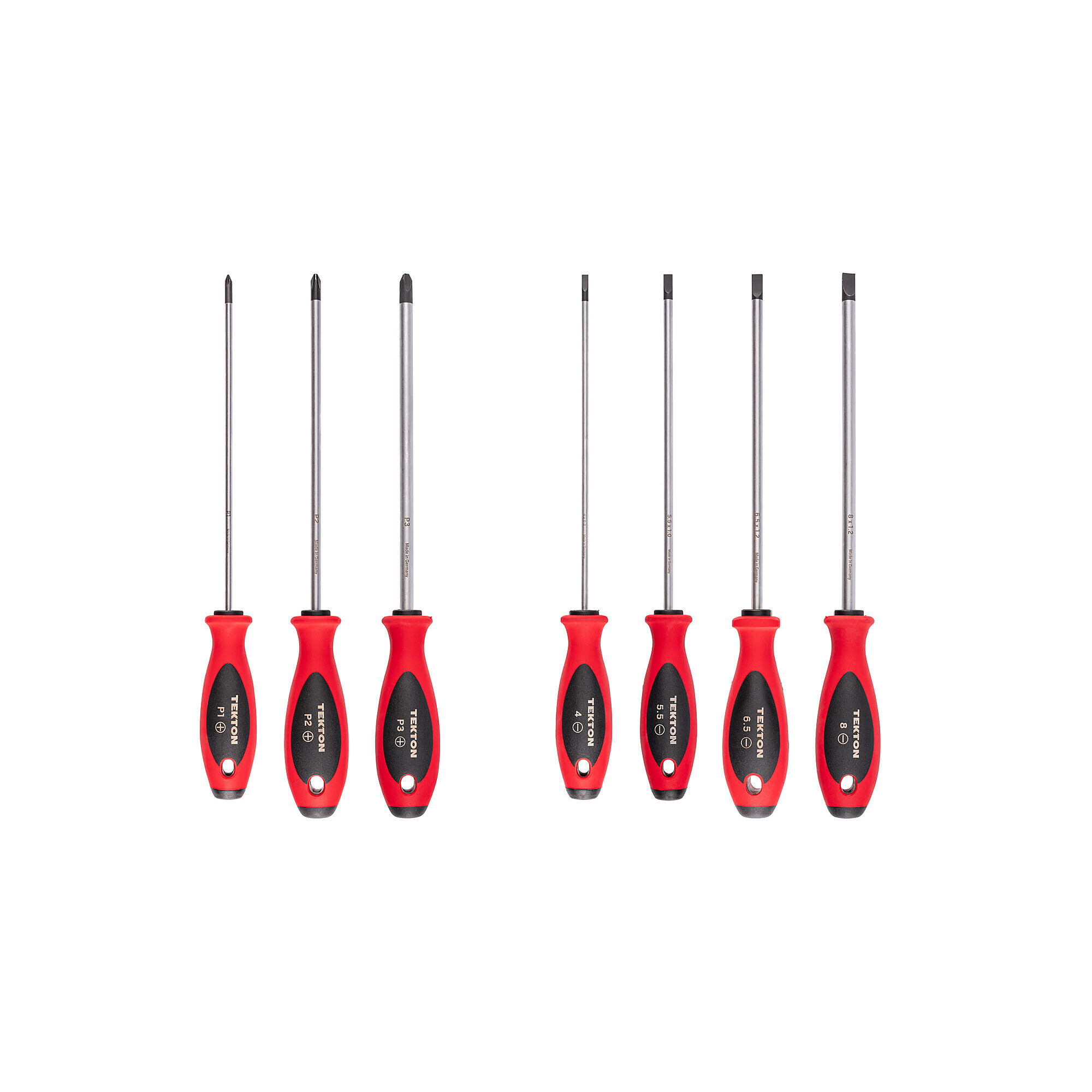 TEKTON Phillips and Slotted Screwdriver Set - 8 Inch Shanks, 7-Piece (#1 - #3, 4 - 8 mm) | DWZ90015